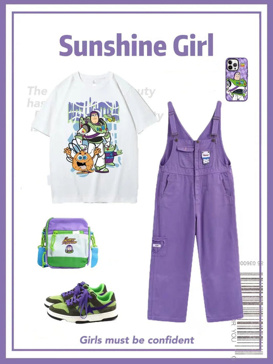 夏アメリカンヴィンテージゆったり半袖Tシャツ/夏新作コーディネート自在パープルデニムサロペット番号ZT49