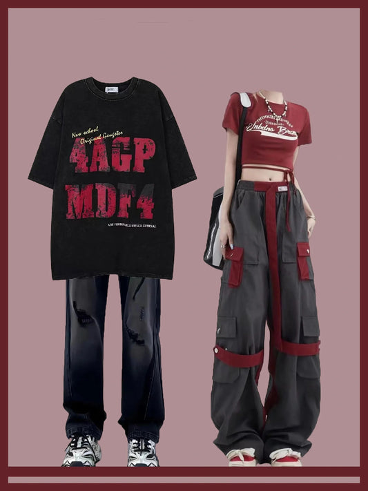 夏アメリカ風ストリートで作った古いレトロアルファベット半袖Tシャツoversizeゆったりoldschool個性的な半袖上着番号ZT301