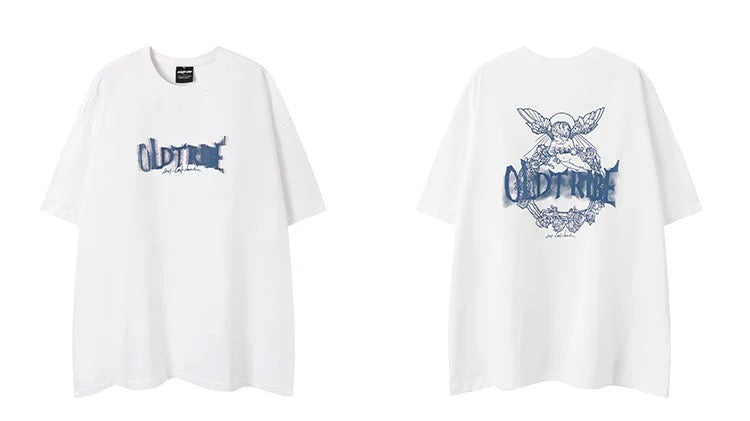 夏アメリカンヴィンテージハイストリートエンジェルプリント半袖Tシャツ/夏薄手アメリカンビンテージ風デザインワイド脚穴あきパンツ番号ZT286