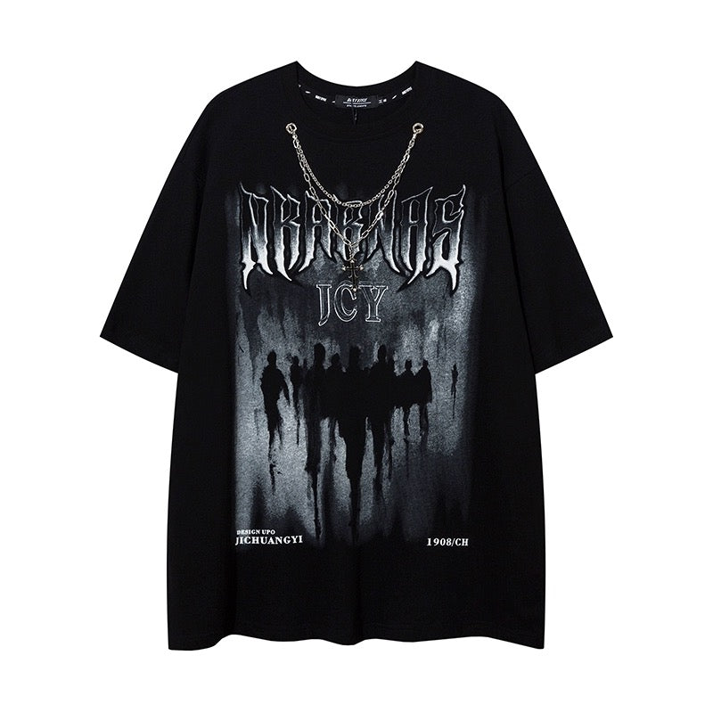 已添加ゴシックトレンドGoth ダークブラック抽象アービー風ネックレスデザイン感半袖カップルTシャツゆったりストリート半袖/アメリカンヴィンテージの小さいVネックプリント色落ち半袖女性夏痩せ型上着番号ZT272