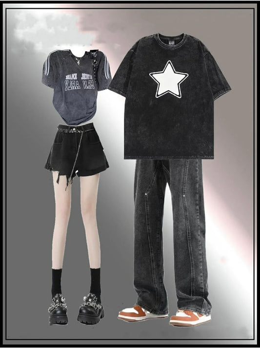 夏米風ビンテージ風五角星プリントカップル半袖Tシャツ番号ZT197