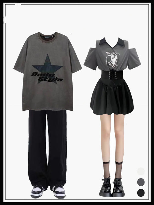夏欧米ヒップホップゆったりストリートスターアルファベット半袖Tシャツ/黒ゆったりストレートデニムパンツ番号ZT84