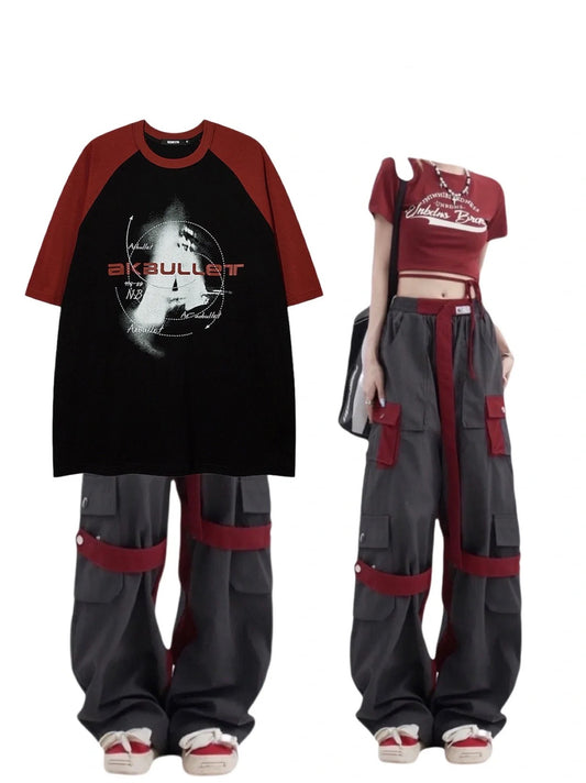 切替落書きアルファベット刺繍カジュアルラグランTシャツ男女bf風純綿半袖 アメリカ風復古アルファベットプリント半袖Tシャツ女性夏ギャルスリム着痩せおへそ出し上着番号ZT126