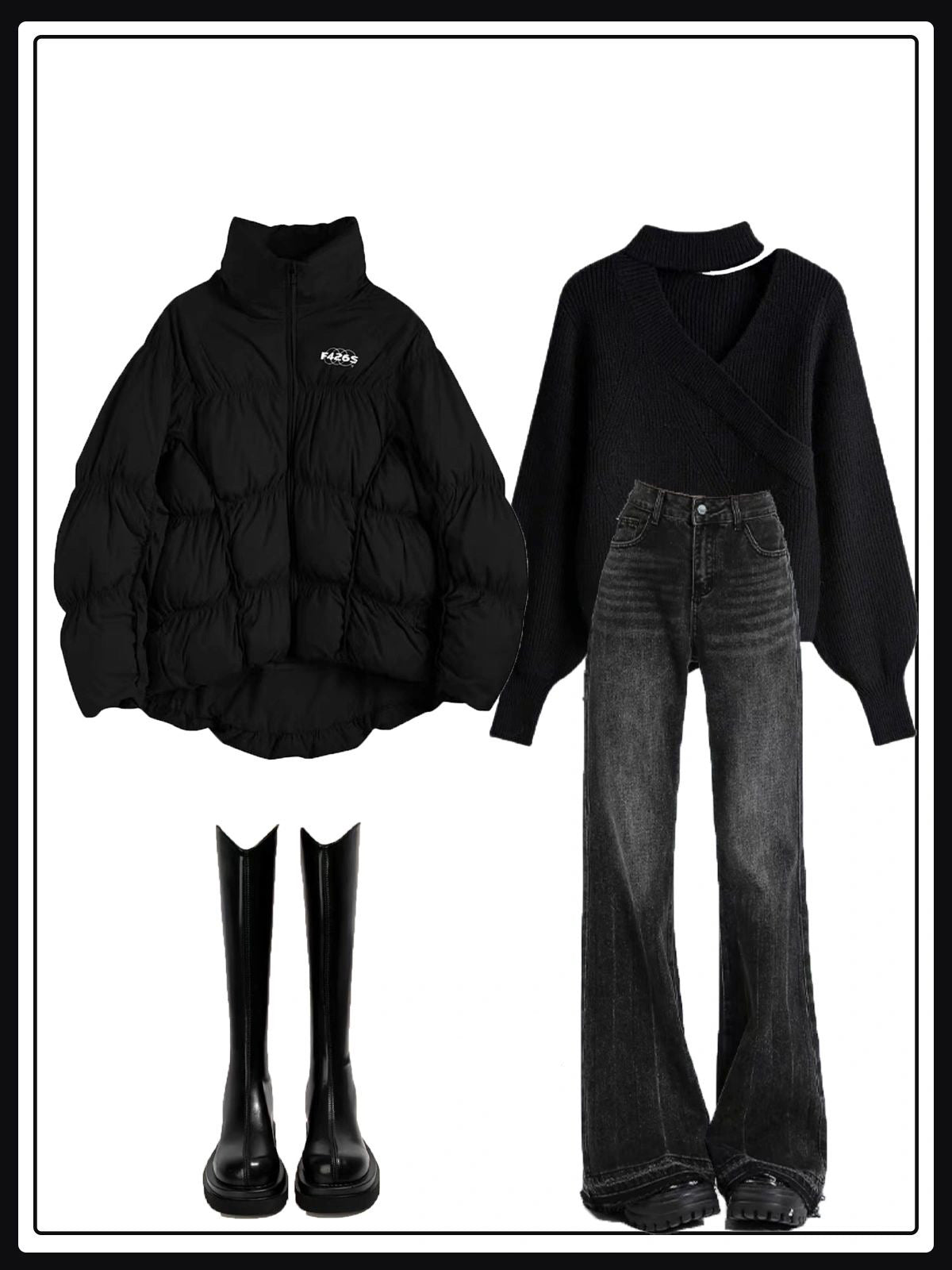 カップルヒップホップ街頭ゆったり不規則分割ギャザー綿冬服 vネックホルターネックセーターレディースショートタイプインナー秋冬2023年新作デザイン感覚ニッチニットブラック上着 ブラック毛辺マイクロフレアパンツレディース秋ストリート着痩せストレートワイドスリムロングパンツZT653