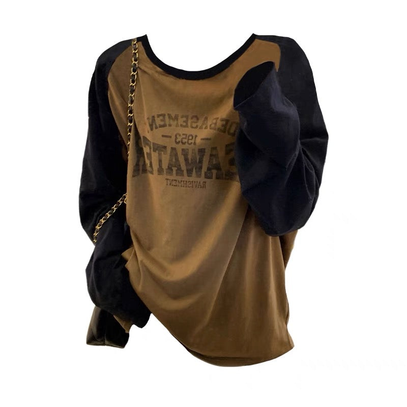ビッグサイズ太った妹アメリカ式アルファベットプリント切り替えコントラストカラーのラグランTシャツ女秋ゆったりとしていて気だるい着痩せ上着 ハイウエスト着痩せストレートカーゴパンツ女性ゆったりカジュアルパンツ番号 ZT474
