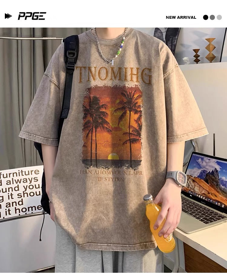 アメリカン刺繍グラデーションウォッシュデニムコート男女ゆったりカジュアルコート アメリカンウォッシュTシャツメンズ夏ラウンドネック純綿プリント半袖ハイストリートファッショントップスビッグサイズゆったりTシャツ番号ZT495