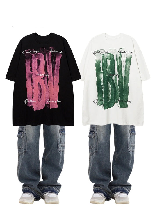 欧米ヒップホップアルファベット落書きプリント半袖Tシャツゆったりカップルカジュアルコーディネート自在番号ZT144