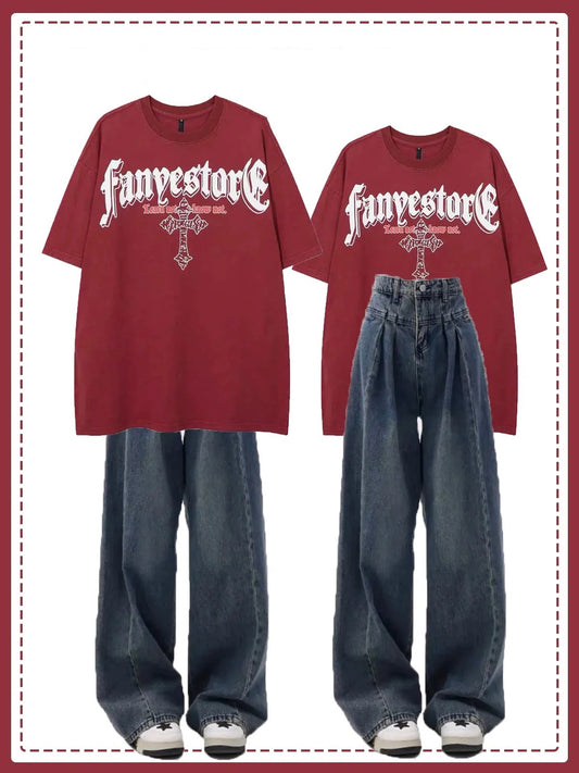 ブラックプリント水洗い半袖Tシャツ男女アメリカoversizeカップルタイプ ビンテージ高腰ワイドレッグジーンズ女性ゆったり着痩せドレープ感カジュアルストレートパンツ番号ZT146