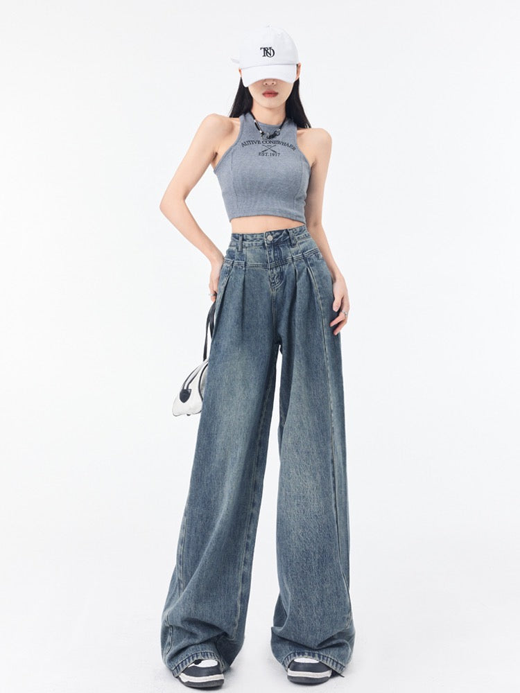 ブラックプリント水洗い半袖Tシャツ男女アメリカoversizeカップルタイプ ビンテージ高腰ワイドレッグジーンズ女性ゆったり着痩せドレープ感カジュアルストレートパンツ番号ZT146