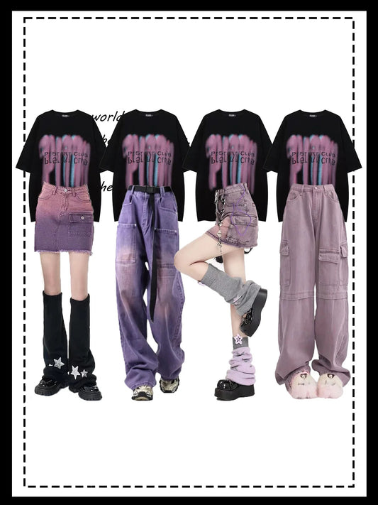 アメリカ式ストリート儚いアルファベットプリント半袖男bf風ペアルックTシャツ グラデーションパープル個性的Y 2 Kビンテージ風カーゴミニスカート 番号ZT147