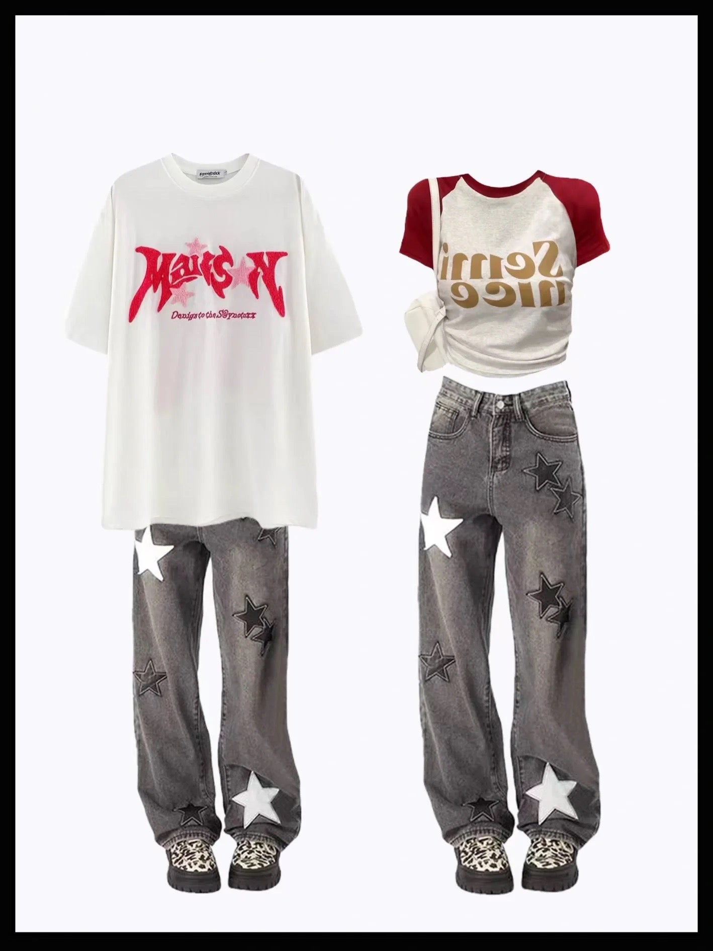 アメリカンハイストリートペンタゴンスタープリント半袖oversizedストリートヒップホップTシャツ アメリカンウォッシュジーンズ女性定番ハイウエスト着痩せストレートパンツ番号ZT184