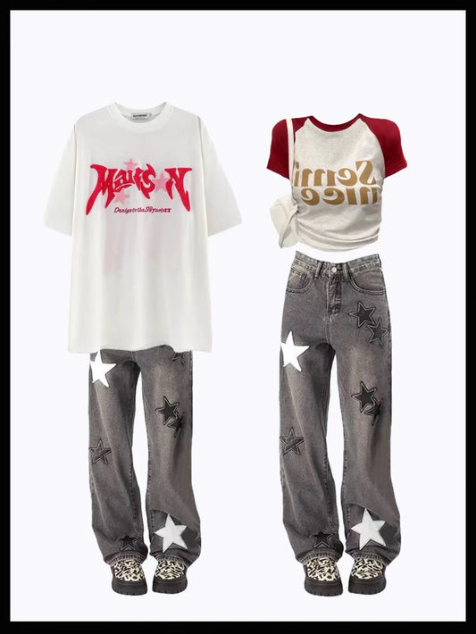 アメリカンハイストリートペンタゴンスタープリント半袖oversizedストリートヒップホップTシャツ アメリカンウォッシュジーンズ女性定番ハイウエスト着痩せストレートパンツ番号ZT184