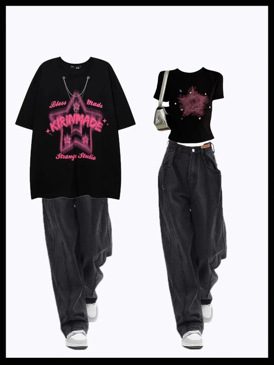 ネックレスTシャツゆったりペア半袖トップス アメリカンクラシックブラック正肩半袖Tシャツ女性夏2023新作スリムショートタイプドーパミン着用上着番号ZT185