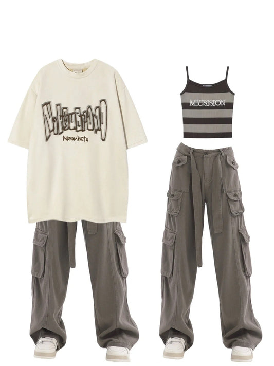 プリントスエード半袖Tシャツゆったりトレンドoversizeコーディネート自在なTシャツ アメリカンハイストリートヒップホップカーゴパンツ夏新作ゆったりデザイン感覚リキーストレートパンツ番号ZT190
