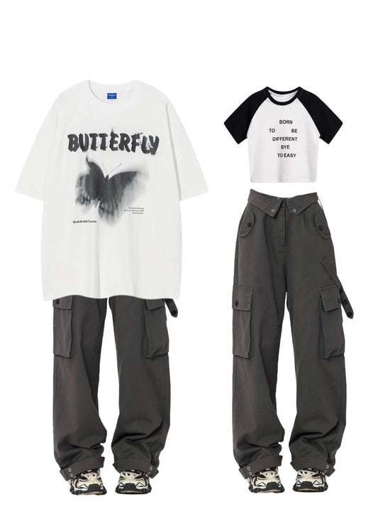 ヒップホップバタフライグラフィティ半袖Tシャツ アルファベットプリント半袖Tシャツ女性アメリカ風甘辛切替上着スリムショートタイプTシャツ番号ZT192