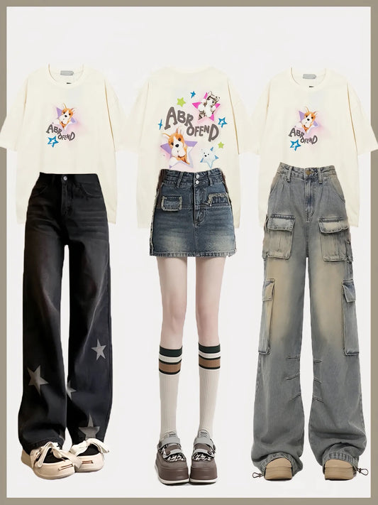 ドーパミン可愛い星子犬プリント半袖Tシャツ女性ファッションブランド甘クール風ギャルゆったり半袖夏番号ZT217