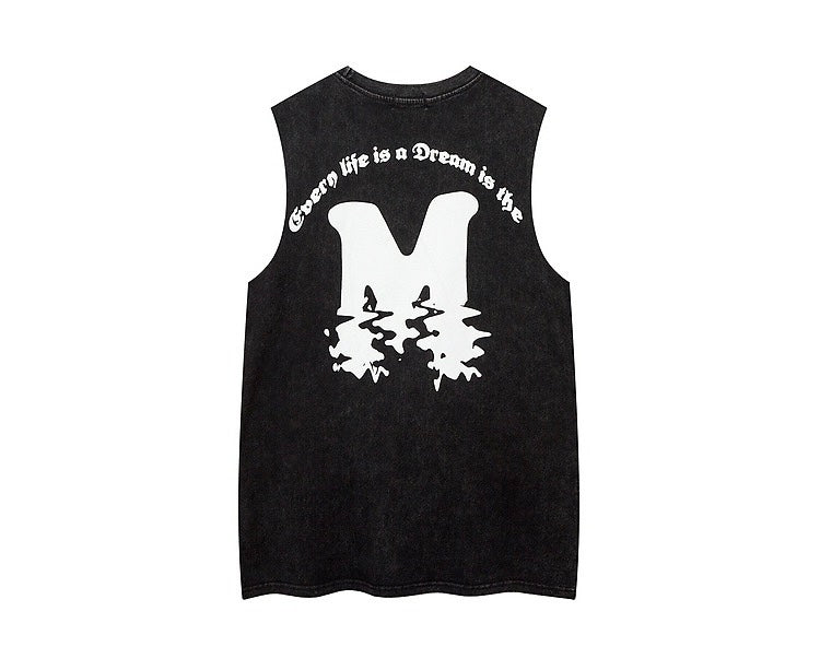 プリントノーカラー水洗いノースリーブTシャツゆったりbfコーディネート自在タンクトップ 2023夏新作デザイン感覚傘兵カーゴパンツレディースアメリカンヴィンテージスポーツ軽くて薄い速乾パンツトレンドins番号ZT205
