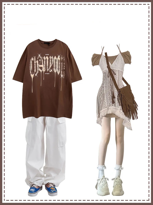 アルファベット落書き半袖Tシャツ女性夏のハイストリートoversizeカジュアルなペアルック半袖Tシャツ ワイドレッグカジュアルパンツゆったりコーディネート自在ストレートカーゴパンツ男女トレンド番号ZT210