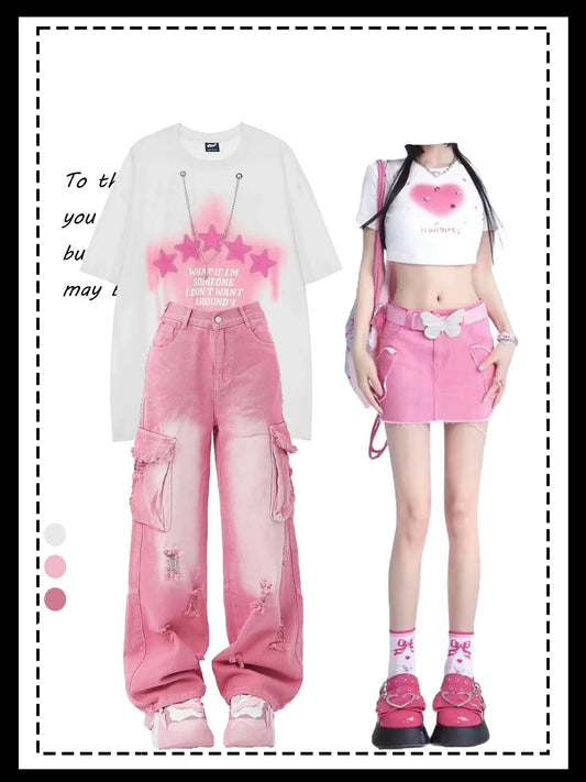 星にじみ発泡プリントTシャツ女性夏純綿半袖 高街ビンテージピンクカーゴパンツ古い切りっぱなし穴あきジーンズ男女小衆ゆったりパンツ番号ZT221