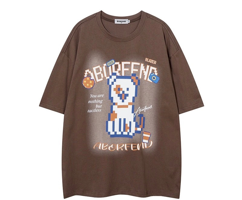 アメリカンストリートテイスト犬プリント半袖Tシャツ夏ゆったりカジュアルペアトップス番号ZT216