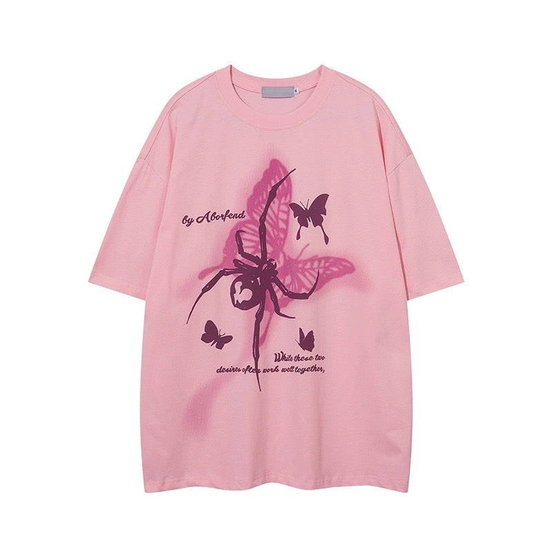 アメリカストリートスパイダーバタフライ純綿半袖Tシャツ2023夏ゆったりヴィンテージトレンドブランドカップル半袖上着番号ZT219
