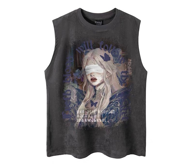 欧米レトロな蝶のキャラクタープリント袖なしTシャツゆったりカジュアルなスエードのタンクトップ番号ZT228