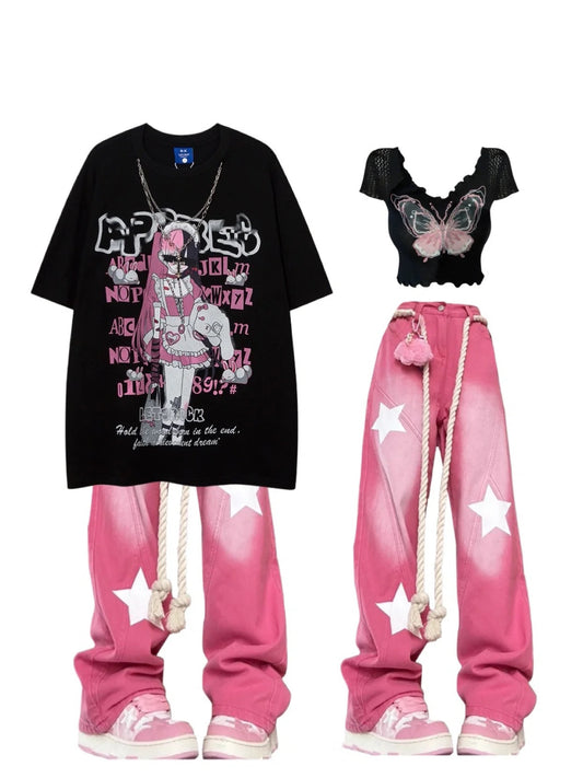 半袖Tシャツ女夏新作アメリカンヴィンテージガーリーネックレス純綿コーディネート自在半袖上着 アメリカ風のビンテージジーンズ女夏ピンク小衆着痩せストレートパンツ番号ZT222