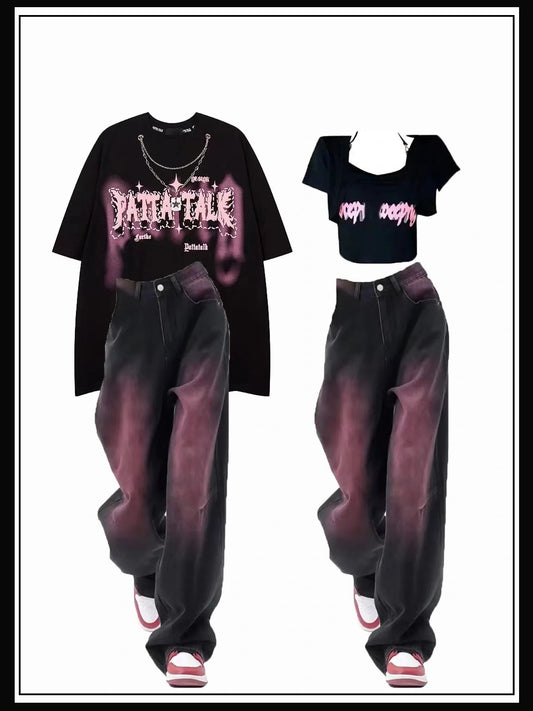 アメリカンストリートストラップネックレス半袖Tシャツ男女ゆったりoversizeカップル半袖番号ZT236