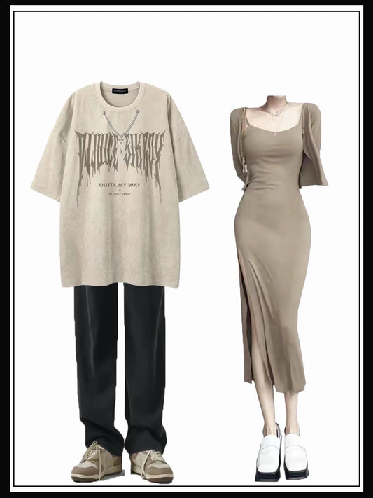 欧米復古ゴシック文字スエード半袖Tシャツ女性ゆったりカップルコーディネート自在上着番号ZT238