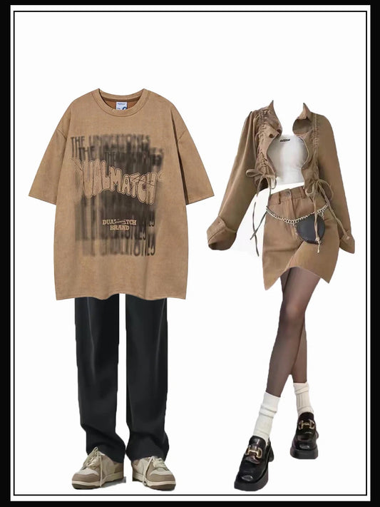 アメリカンストリートプリントスエード半袖Tシャツoversizeコーディネート自在のTシャツ 番号ZT237