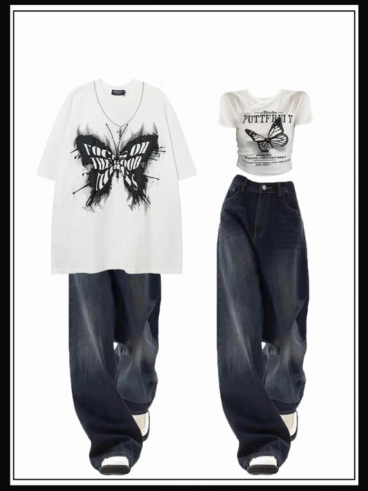 ハイストリートvibe蝶発泡プリントペアルックTシャツ半袖夏ファッションブランド半袖 バタフライアルファベットプリント半袖Tシャツ女性夏スパイシー妹風スリムショートタイプへそ出し上着番号ZT253