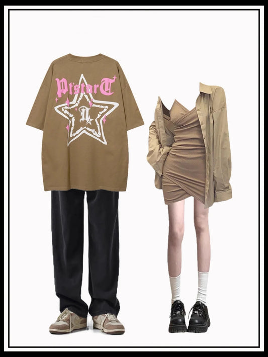 アメリカストリートペンタゴンプリント半袖Tシャツ夏コーディネート自在oversizeペアトップス番号ZT245