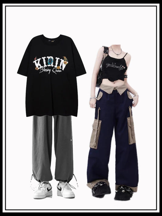 アメリカンハイストリートヴィンテージ花柄プリント半袖Tシャツ男女同デザイン夏 スポーツスウェットパンツワイドストレートゆったりカジュアルパンツアメリカ式大型長ズボン スイート風ハートキャミソール女性インナー着用純欲ギャルショートタイプ カーゴパンツ夏欧米ストリートヒップポケットデザインゆったりストレートパンツ番号ZT244
