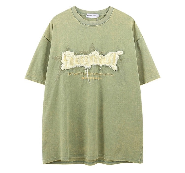ビンテージ加工古いボアアルファベット夏半袖アメリカンストリートヒップホップカップルteeシャツウォッシュ加工ストリートTシャツ番号ZT243