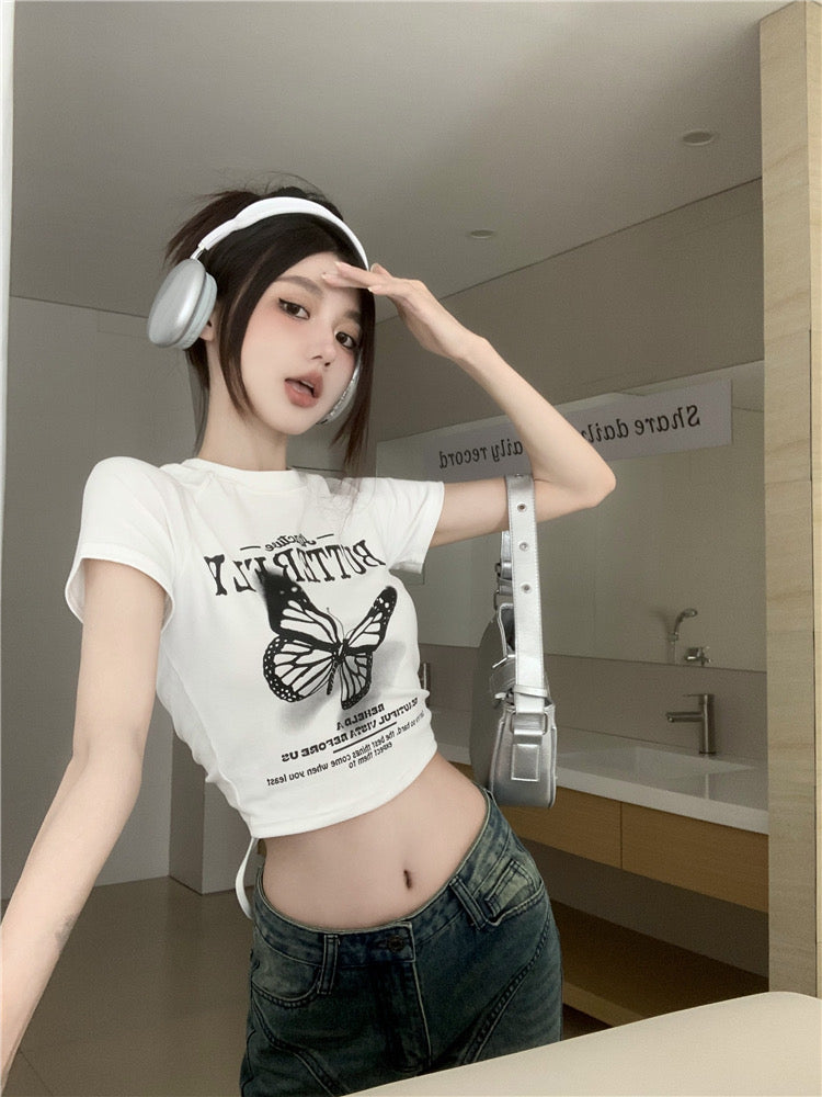 ハイストリートvibe蝶発泡プリントペアルックTシャツ半袖夏ファッションブランド半袖 バタフライアルファベットプリント半袖Tシャツ女性夏スパイシー妹風スリムショートタイプへそ出し上着番号ZT253