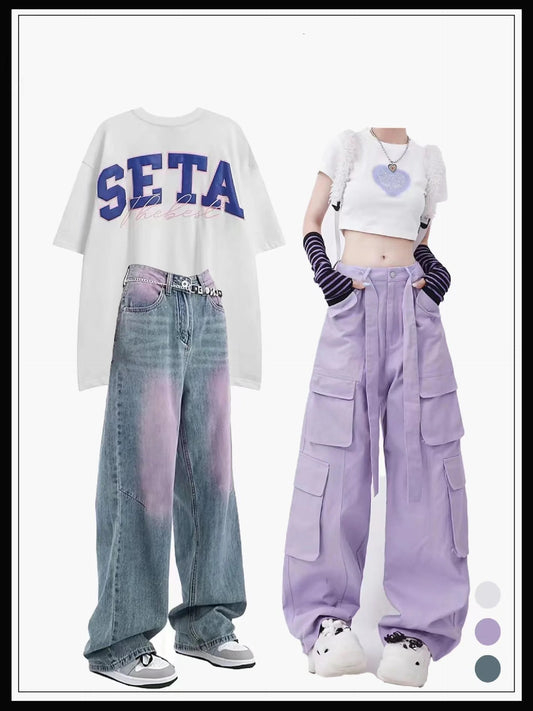 アメリカ風甘辛正肩半袖Tシャツ純綿へそ出し半袖上着 カーゴパンツ女性夏複数ポケット編上げ飾り気だるいコーディネート自在カジュアルパンツ番号ZT257