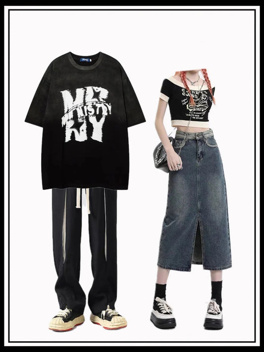 アメリカンヴィンテージグラデーションホワイトアルファベットプリント半袖男女夏ゆったり純綿Tシャツ 一字肩半袖Tシャツ女夏甘ギャルショートタイプスリムブラック肩出し上着 ハイウエストスリムデニムスカート女性2023春夏新作ビンテージ着痩せa字ミドルロングパックヒップスカート番号ZT260