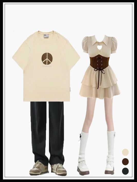 山系アウトドアニッチデザイン半袖Tシャツ男女純綿インナーシャツ パフ袖ウエストシェイプ新作ケーキスカートプリンセスワンピースハート型透かし彫りパフスカート番号ZT265