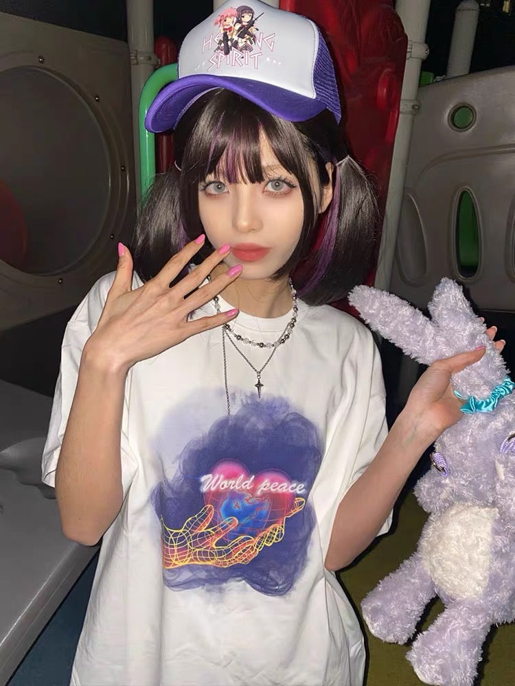 ホワイトハート柄純綿半袖Tシャツ夏アメリカ風ストリートinsオシャレでゆったりコーディネート自在のカップル上着番号ZT266