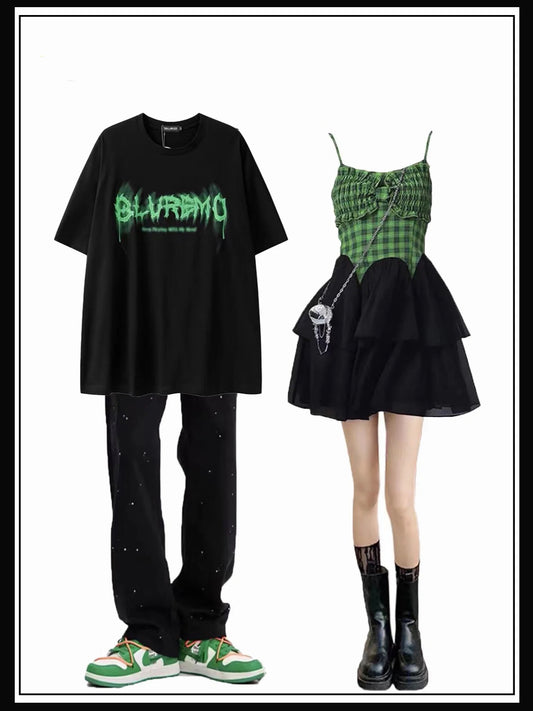 vintage半袖凹凸プリントラウンドネックゆったり半袖Tシャツ夏ins チェック柄キャミソールワンピース女性夏甘辛ふんわりスカートタイプミニスカート番号ZT276