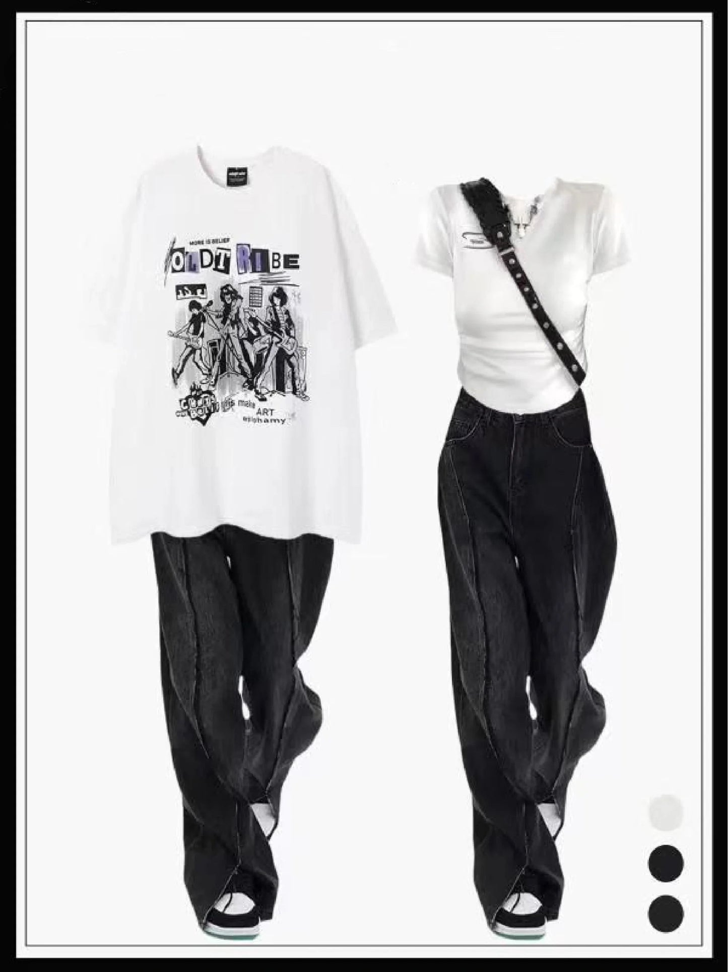 アメリカンヒップホッププリント半袖Tシャツ女性夏ゆったりコーディネート自在カップルTシャツ 黒グレースリットジーンズ番号ZT275