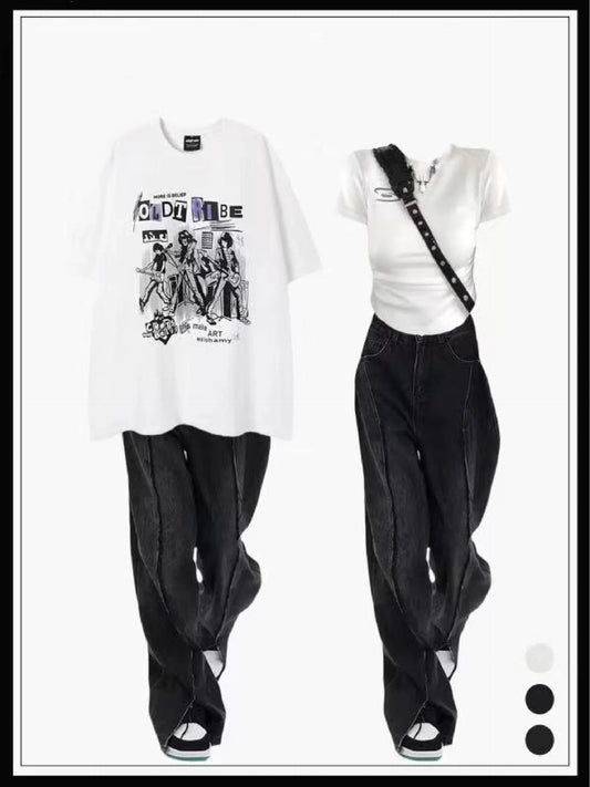 アメリカンヒップホッププリント半袖Tシャツ女性夏ゆったりコーディネート自在カップルTシャツ 黒グレースリットジーンズ番号ZT275