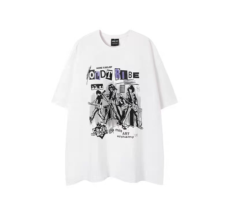 アメリカンヒップホッププリント半袖Tシャツ女性夏ゆったりコーディネート自在カップルTシャツ 黒グレースリットジーンズ番号ZT275