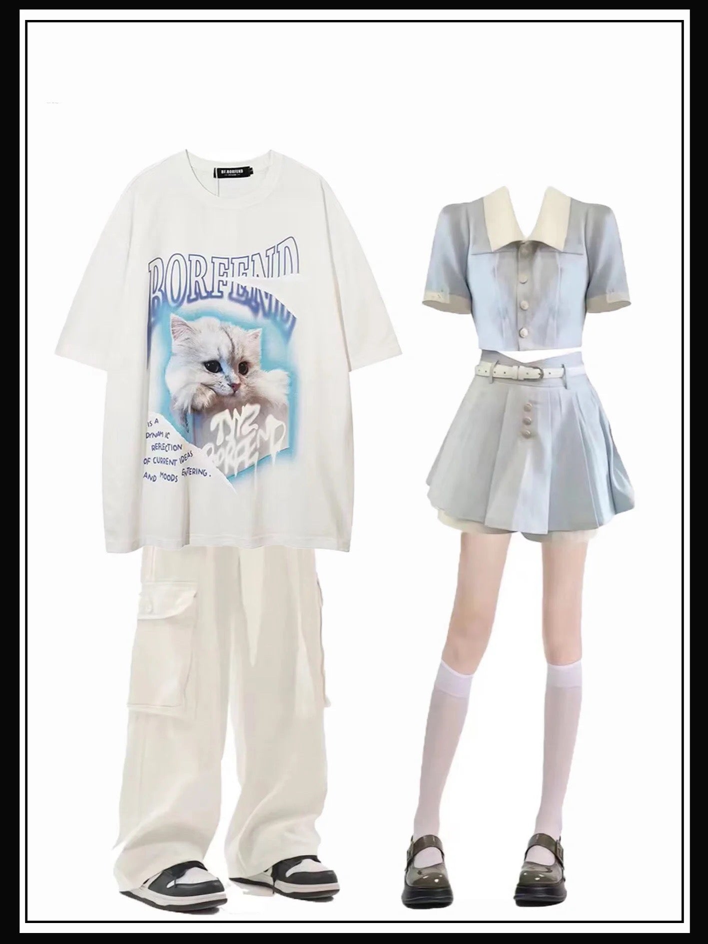 可愛い猫プリント半袖Tシャツ男女アメリカンヴィンテージ風ストリート半袖上着 スカート夏2023新作学院小香風甘系学園夏ドーパミン着用セット番号ZT283