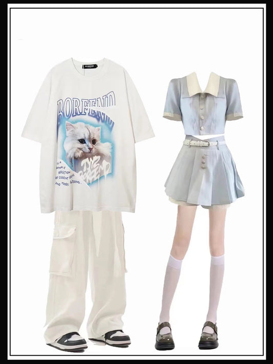 可愛い猫プリント半袖Tシャツ男女アメリカンヴィンテージ風ストリート半袖上着 スカート夏2023新作学院小香風甘系学園夏ドーパミン着用セット番号ZT283