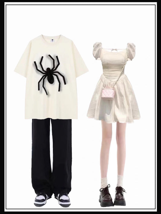 アメリカンヴィンテージスパイダー半袖Tシャツ夏2023ペアルトップス 2023新作婦人服フランス風デザインチュニックパフ袖仙女骨ワンピーススカート夏番号ZT284