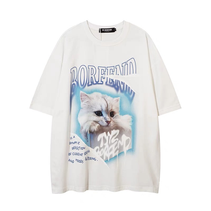 可愛い猫プリント半袖Tシャツ男女アメリカンヴィンテージ風ストリート半袖上着 スカート夏2023新作学院小香風甘系学園夏ドーパミン着用セット番号ZT283