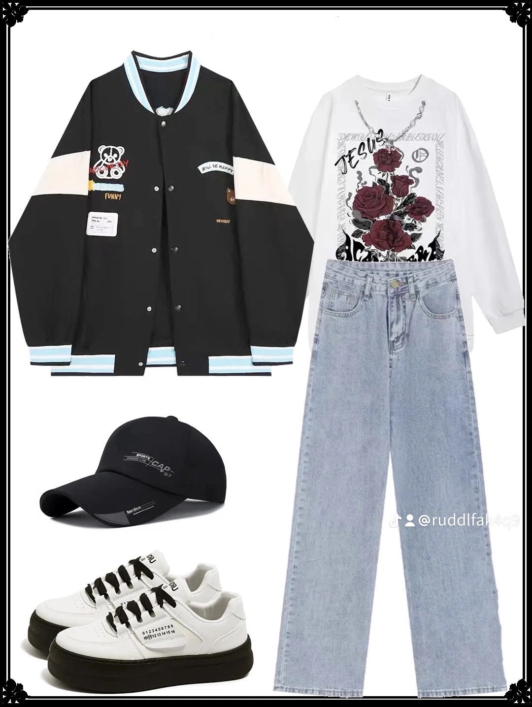 熊ちゃん混合色野球服学院風ジャケットコート アメリカンヴィンテージウォッシュ復古長袖TシャツBFパーカー ハイウエストのワイドレッグデニム細見せドレープ感のあるゆったりストレートパンツ番号ZT46