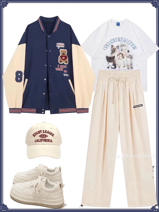 アメリカンヴィンテージカジュアルスタジャン可愛い猫プリント半袖Tシャツカジュアルカップルタイプラウンドネック上着夏服ハイウエストドレープ感ストレートワイドパンツ番号ZT47