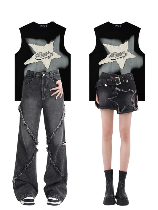アメリカンヴィンテージ星星ノースリーブTシャツ男女夏ゆったりコーディネート自在タンクトップ アメリカンヴィンテージワイドレッグジーンズ女性春夏デザイン感ハイウエストストレートパンツ番号ZT291